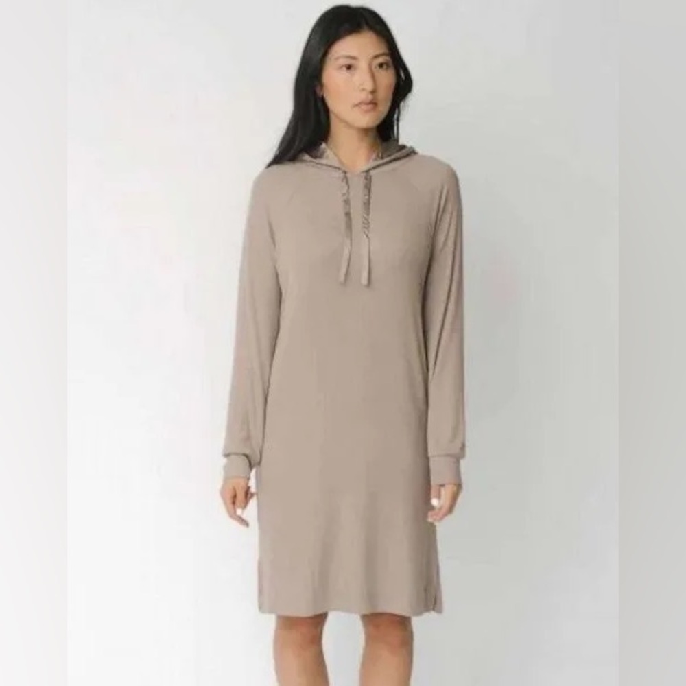 Cozy Earth Bamboo Hoodie Dress Ribbed Tan Casual Loungewear Comfortable XS